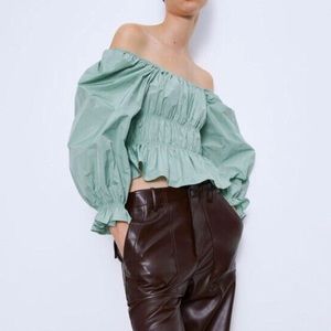 Zara Seafoam Green Ruched Puff Sleeve Blouse